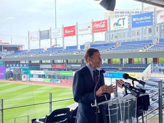 Blumenthal visited Dunkin Donuts Park in Hartford and Thomas J. Dodd Stadium in Norwich to call for scrutiny of Major League Baseball’s unique antitrust exemption and its impact on Minor League Baseball teams like the Hartford Yard Goats and Norwich Sea Unicorns. 