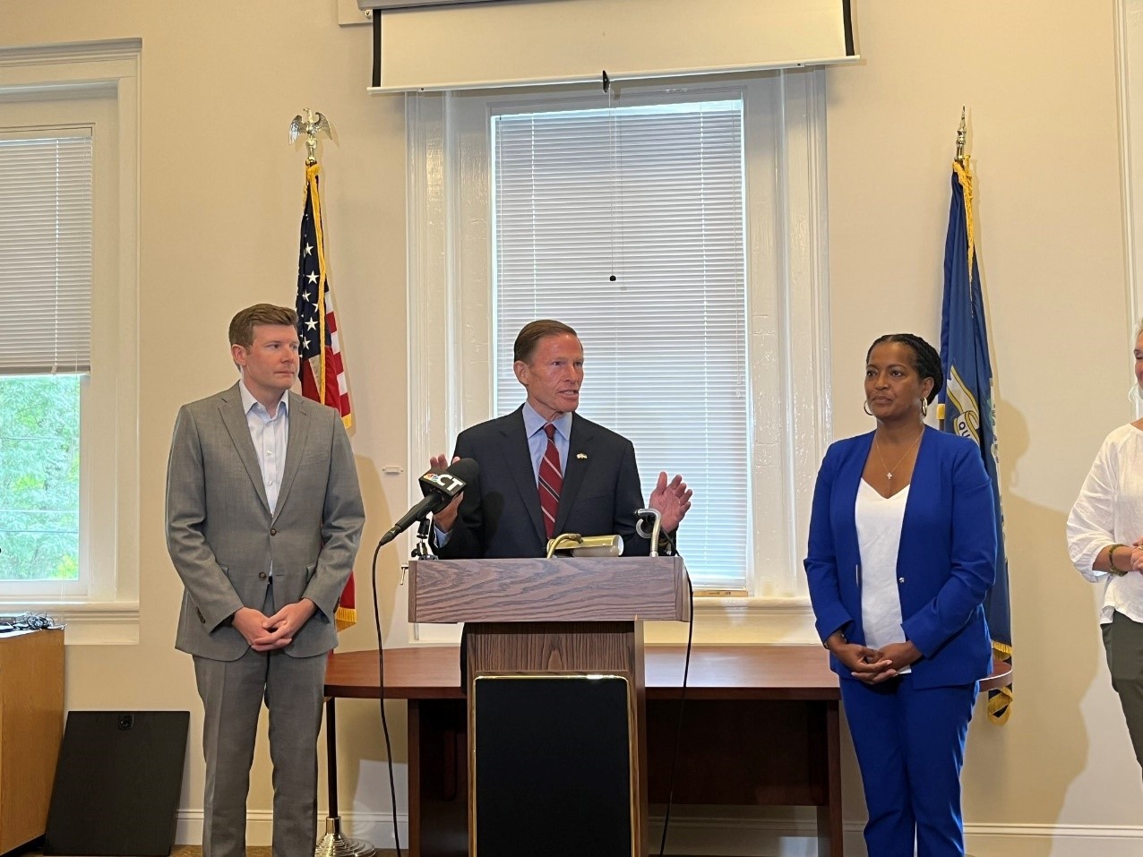 Blumenthal visited Sharon Town Hall to call on Nuvance Health to keep Sharon Hospital’s labor and delivery unit open. 