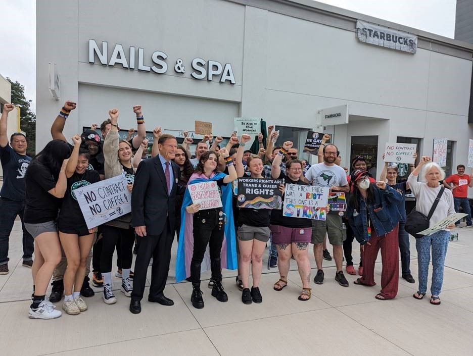 Blumenthal joined striking Starbucks workers with Starbucks Workers United and AFL-CIO representatives at the Corbin’s Corner store to protest unfair labor practices and demand that the company bargain in good faith with the union. 