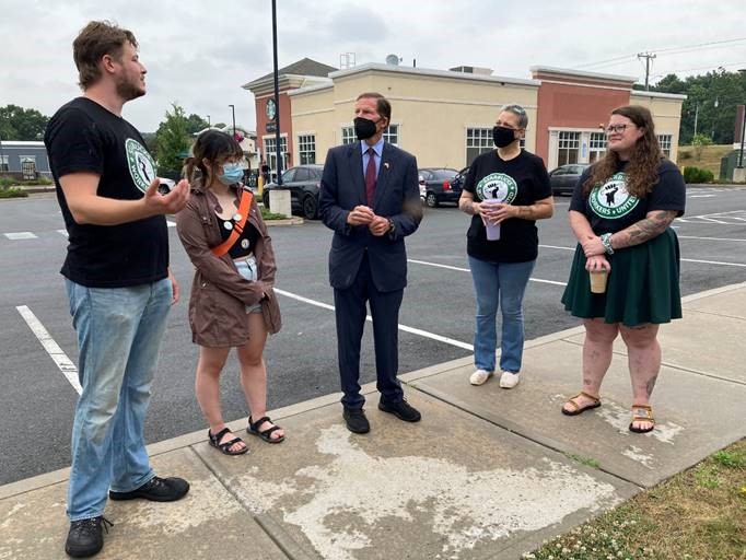 Blumenthal joined Starbucks employees and AFL-CIO representatives at the Vernon Starbucks store location to celebrate their 13-1 vote to unionize. The Vernon Starbucks is the second of 120 Connecticut locations to unionize.